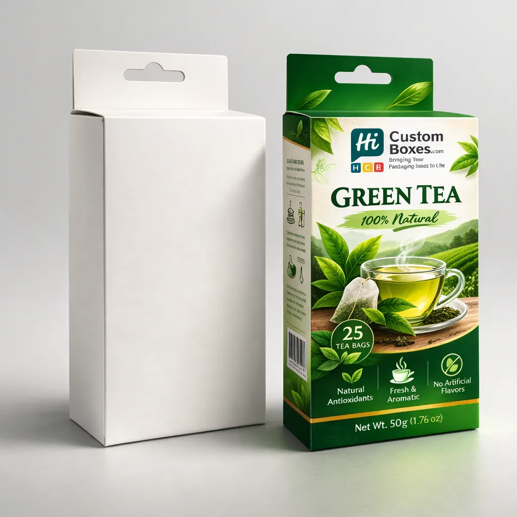 Two vertical hanging display boxes, one plain white and one with vibrant tea garden imagery. class=